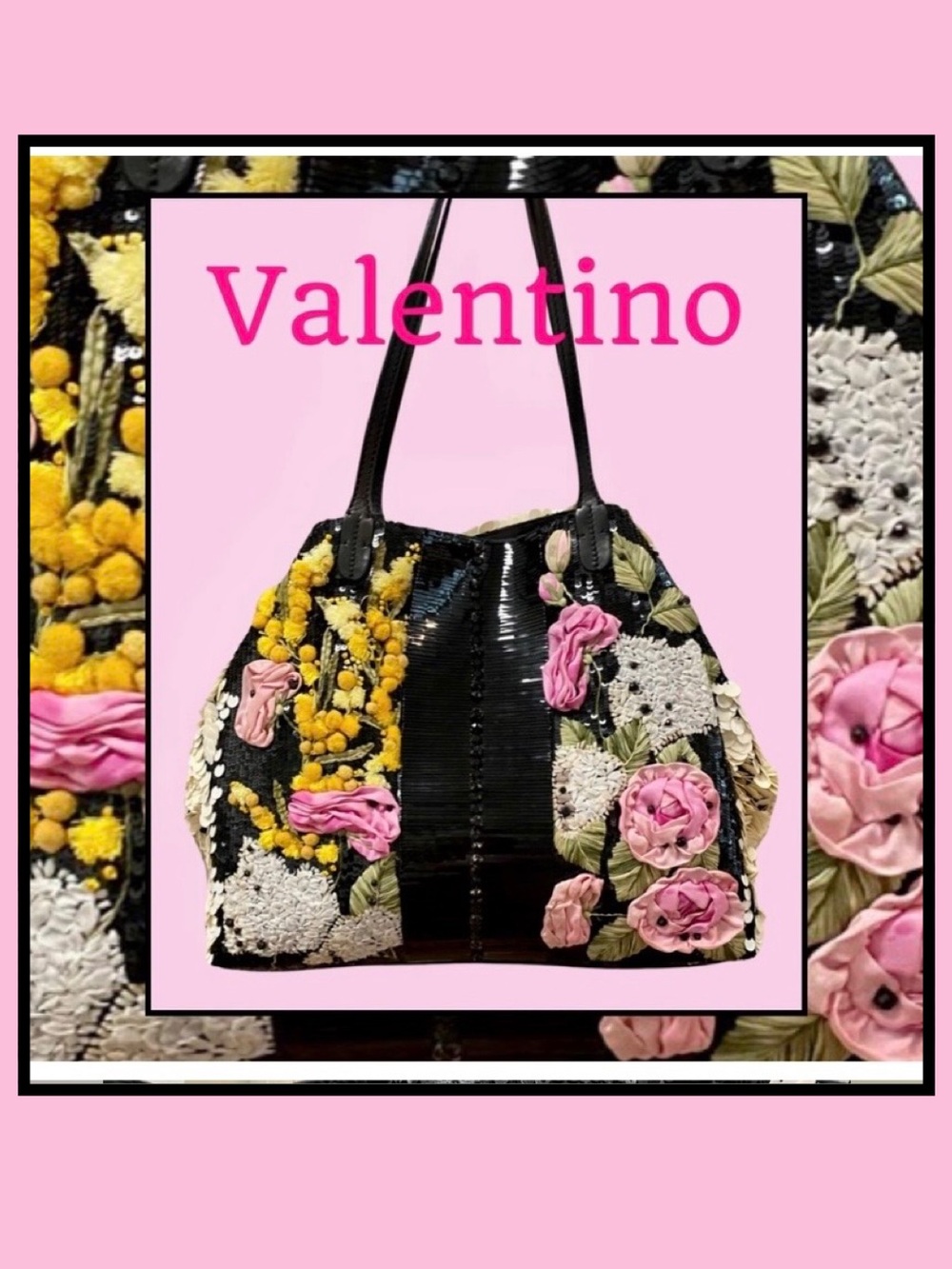 VALENTINO GARAVANI Rare Black Leather Palettes Pink Silk Roses Crystal Purse